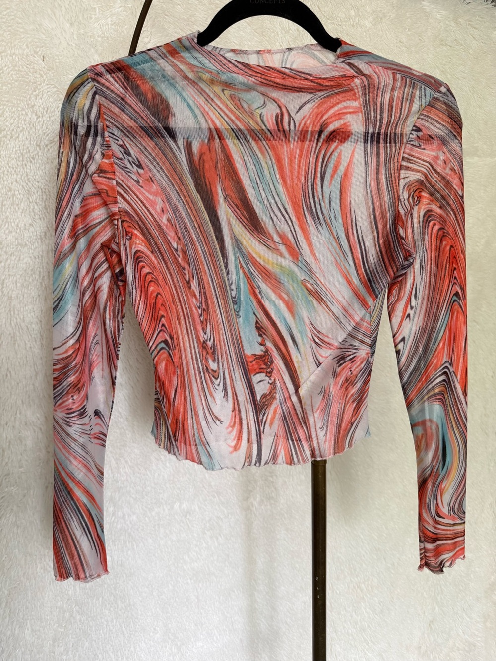 SHEIN Multicolor Marble-Print Long Sleeve Mesh Top - Red & Blue Swirl